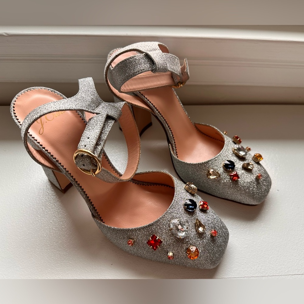 J.Crew Harlow Silver glitter Heels with Gems size 7